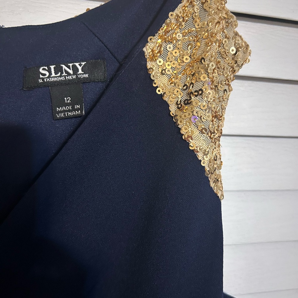 SLNY Navy Midi Dress with Gold Sequin Shoulders - Picture 2 of 4